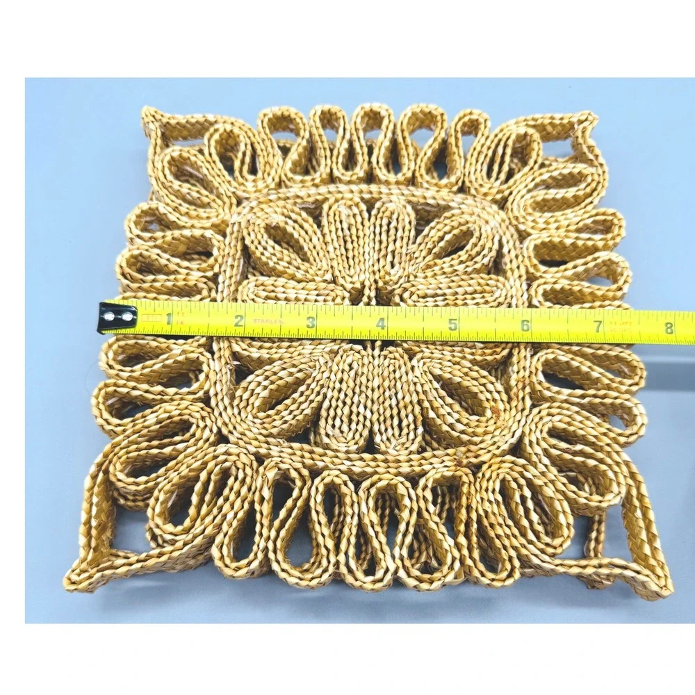Vintage Woven Straw Raffia‎ Square Trivet Tan Boho 7.5 inch Set of 2